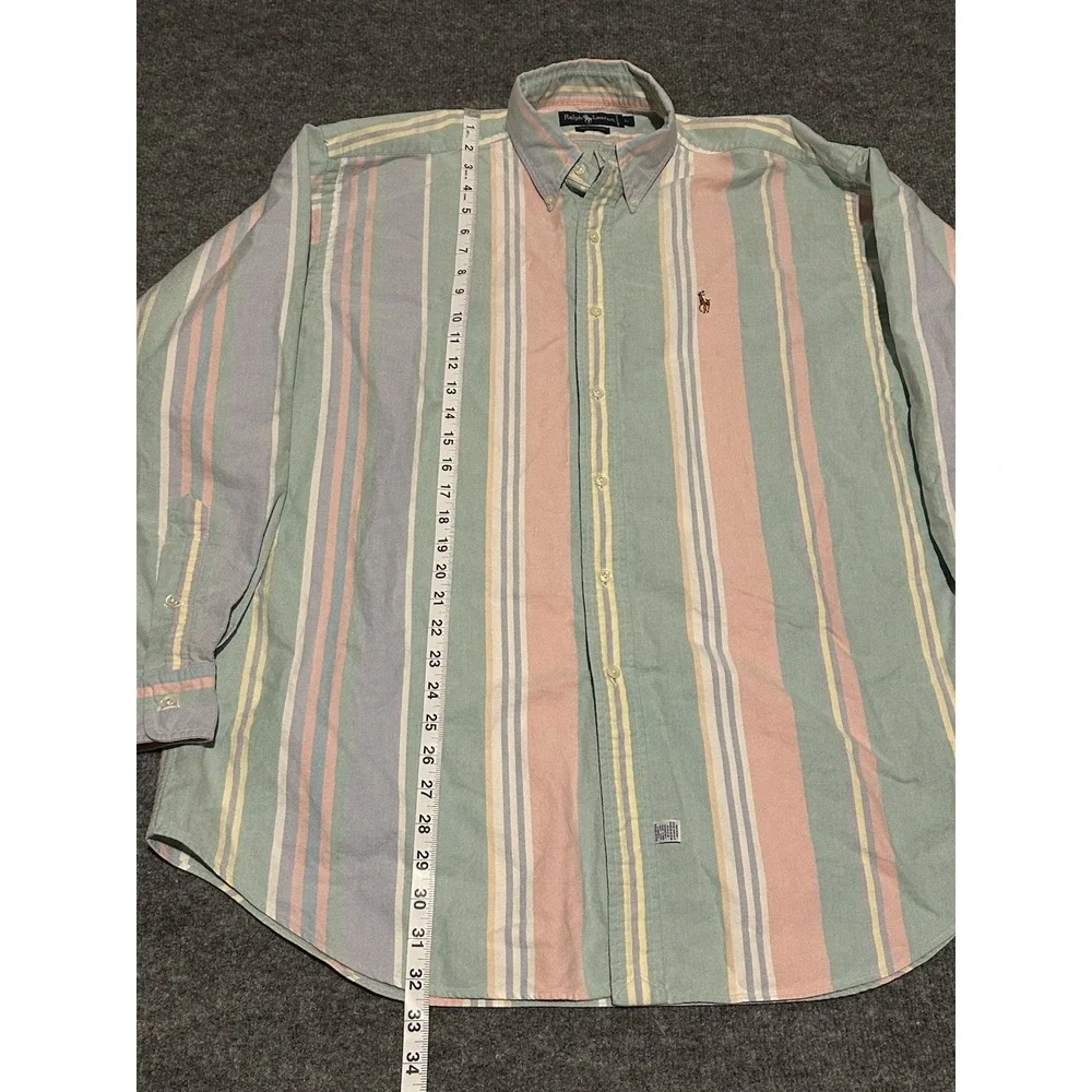 Polo Ralph Lauren Men's L Multicolor Preppy Button Flesh Striped Dress Shirt EUC